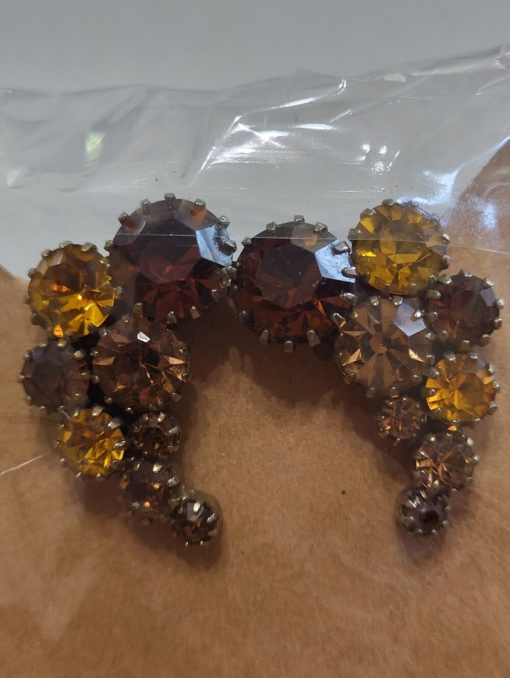 Vintage-Inspired Brown and Amber Crystal Ear Crawler Clip Earrings